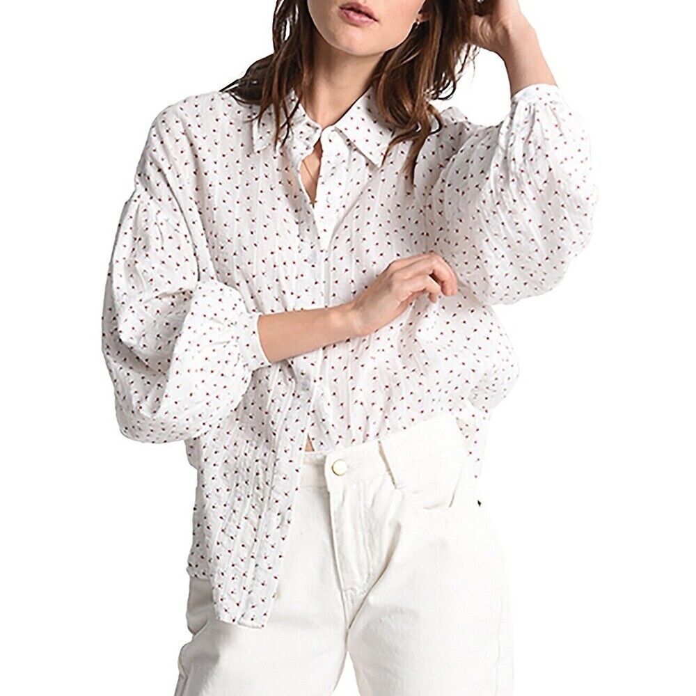 Molly Bracken Button Down Blouse In White Bud Print Size S relaxed fit
